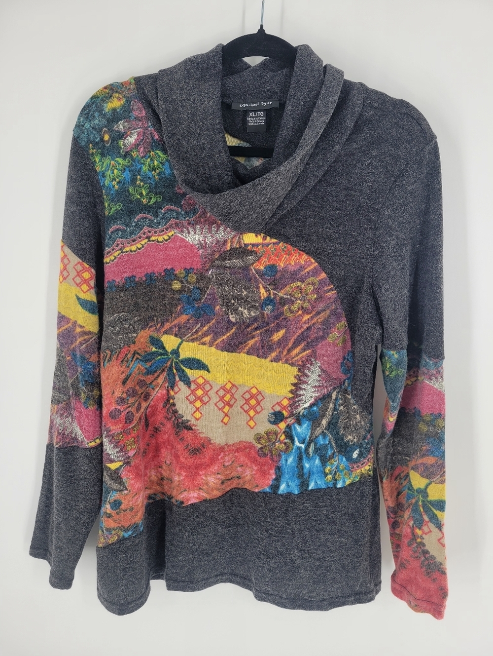 Michael Tyler Women's Gray Cowl Neck Sweater with Multicolor Print Size XL